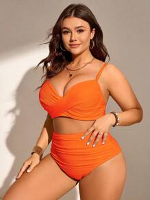 SHEIN Swim Curve 2pcs Plus Size Women Solid Color Gathering Strap Swimsuits, Fashionable Minimalist Style Bikini Set For Vacation For Summer - Orange - View 3