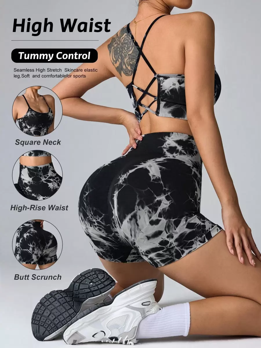 Core Rhythm Conjunto de top deportivo y shorts con efecto tie-dye para mujer, conjunto de ropa deportiva para mujer - Blanco y Negro - Ver 1