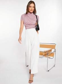 BizChic Women's Slim Fit Casual Solid Color Stand Collar Ruched Short Sleeve T-Shirt, Elegant Office Wear - Dusty Pink - View 6