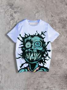 SHEIN Tween Boy 'The People Creates Monster 'Graphic Round Neck Short Sleeve Blue T-Shirt
