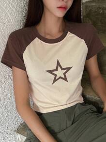 DAZY Áo thun tay ngắn in hình ngôi sao khối màu Y2k, Áo crop top nữ, Áo thun họa tiết - màu nâu - Xem 4