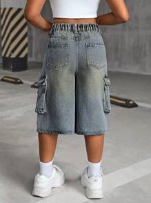 SHEIN Pantalones cortos informales de mezclilla azul vintage para niñas preadolescentes