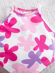 SHEIN Conjunto de top de punto con tirantes y shorts con estampado floral para bebé niña en verano - Multicolor - Ver 4