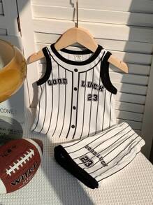 SHEIN 2pcs/Set Toddler/Infant Unisex Black & White Baseball Jersey Letter & Striped Pattern Round Neck Short Sleeve Top And Elastic Waist Shorts, Suitable For Sports - Black and White - View 4