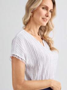 SHEIN LUNE V-Neck Short Sleeve White Textured Fabric Women Shirt, Spring/Summer - White - View 4