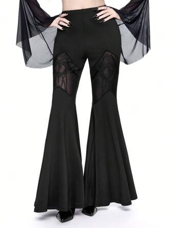 Goth Pantalon évasé rétro vintage gothique avec broderie de diamant et velours en forme de lune