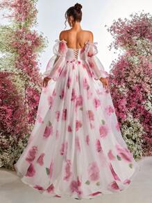 Glamrae Vestido elegante, lujoso, recatado, para primavera y verano, con estampado floral rosa en organza, mangas abullonadas, hombros descubiertos, cintura de espiga, cintura ajustada, aberturas altas, silueta de línea A extra larga con cola, ideal para vacaciones, invitada de boda, baile de graduación, fiesta de cumpleaños, cena formal, vestido de noche, vestido de gala - Rosa - Ver 7