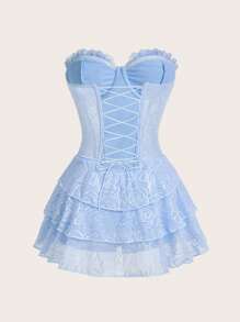 SHEIN ICON Vestido corset con busto plisado, tirantes cruzados y espalda al descubierto con encaje en capas - Celeste - Ver 2