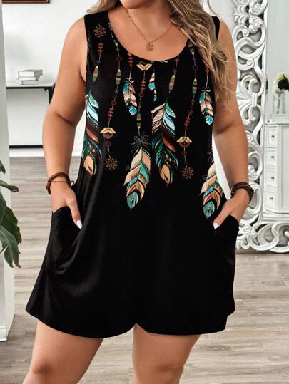 EMERY ROSE Macaquinho Casual Versátil, Minimalista, Retrô, Estampa Gráfica de Penas, Plus Size, Adequado para o Verão