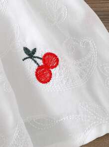 新生女婴宽松优雅樱桃刺绣针织连衣裙，春夏秋季节，优质樱桃刺绣面料，时尚舒适，适合休闲穿着 - 白色 - 查看 4