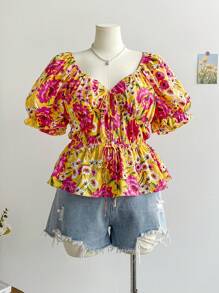 Soleia Plus Size Women Puff Sleeve Top, Vacation Bowknot Hollow Tropical Floral Print, Spring & Summer - Multicolor - View 1