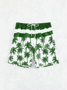Manfinity Swimmode Men's Printed Drawstring Swim Trunks Shorts, Colorblock Palm Tree Pattern, Beach Wear - Army Green - View 5