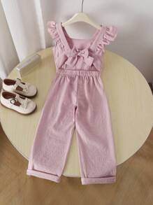 Young Girl Bowknot Design Ruffle Trim Jumpsuit With Small Flutter Sleeves - Pink - View 1