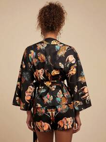 Travachic 女士度假优雅动物印花宽松 V 领系带衬衫