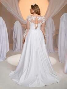 Aureia Vestido largo elegante y lujoso de manga larga transparente, con bordado de flores de encaje, cristales y perlas, mezcla de tela de satén y con pliegues de ballena, con falda maxi y cola, adecuado para bodas, fiestas, vacaciones, novia, Día de San Valentín - Blanco - Ver 3