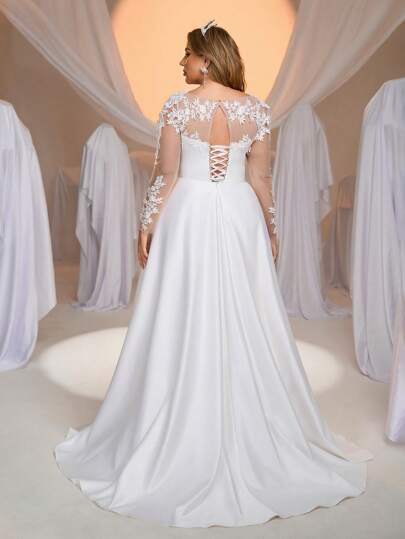 Aureia Plus Size Elegant Luxurious Sheer Long Sleeve Dress, Crystal Pearl Embroidered Floral Lace & Satin Mixed Fabric With Fish Bone Ruched Maxi And Trailing Train Dress, Suitable For Weddings, Single Party, Vacation, Bride, Valentine's Day