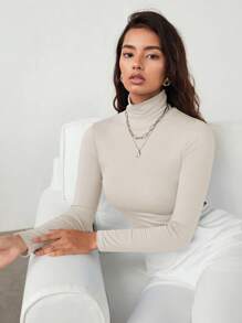 RueChic Solid Color Elastic Turtleneck Slim Fit Top Uniform - Beige - View 7