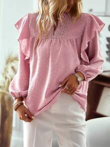 EMERY ROSE Women's Contrast Lace V-Neck Lantern Sleeve Blouse Fall Cloth For Women - Pink - View 4