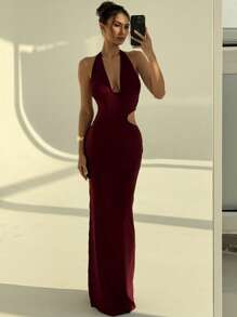 Aloruh Nowa seksowna sukienka z głębokim dekoltem w serek i wiązaniem w talii, z wycięciem z boku, w kolorze czerwonym, wiosna/lato