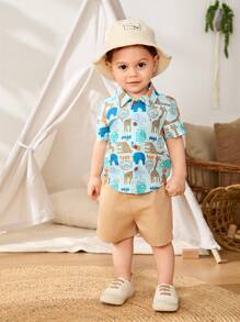 Cozy Pixies Bộ 2 áo sơ mi tay ngắn cổ in họa tiết cây và hoa cho bé trai và quần short cạp chun - Màu xanh lam - Xem 5