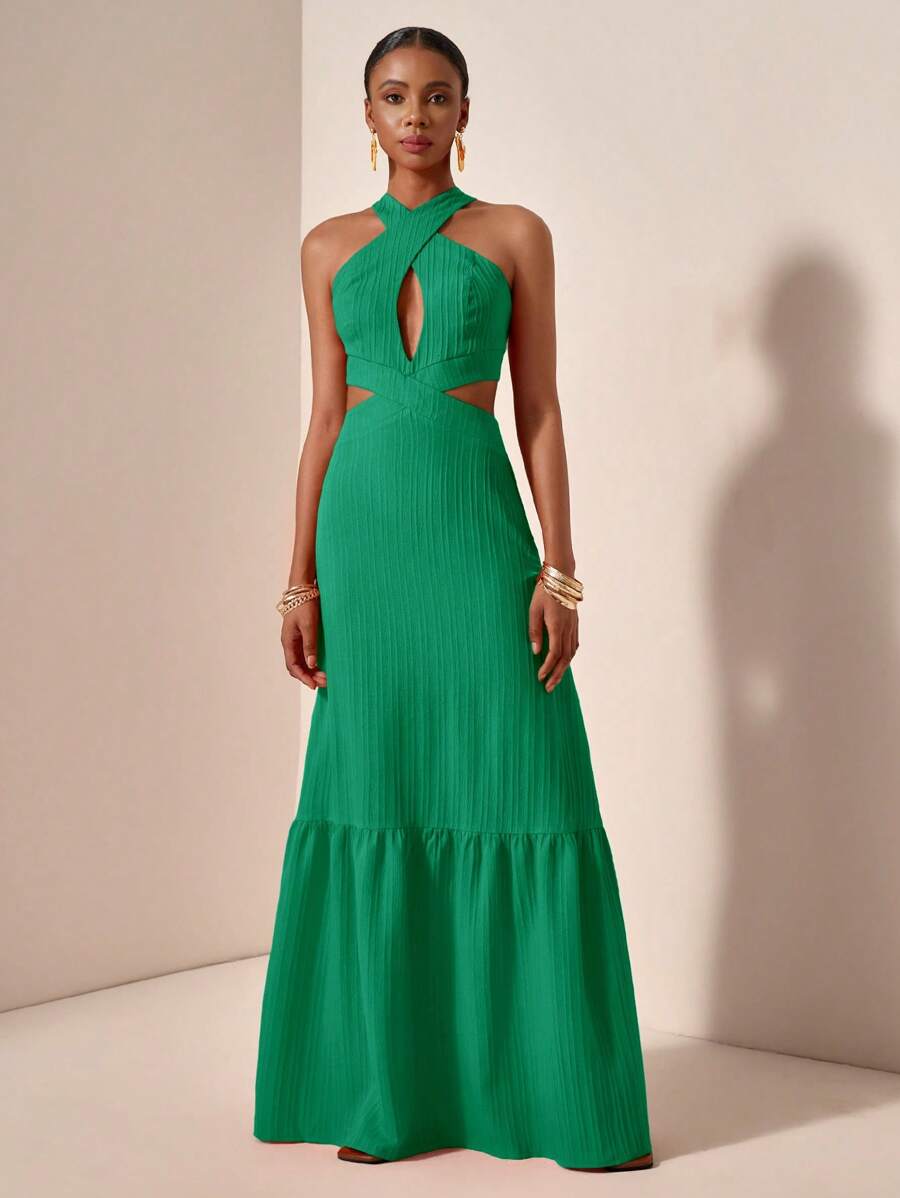 Zivah 新款春夏休闲交叉挂脖前镂空露背收腰蛋糕裙A-Pulse 长裙绿色纹理面料女式长裙-A