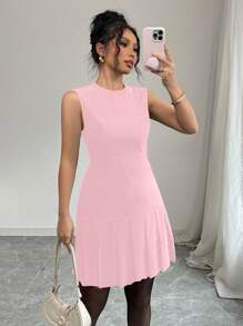 Elenzga 女士休闲无袖优雅纯色荷叶边下摆修身迷你连衣裙，适合生日、泡泡/圣诞派对、除夕、节日 - 黃色 - 查看 6