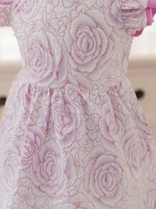 SHEIN Glamorique Kids Toddler Girls' Spring And Summer Colorblock Double Layer Cap Sleeve Hollow Back Rose Jacquard Dress - Mauve Purple - View 6