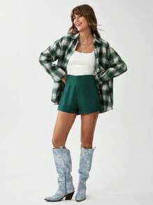 SHEIN LUNE High Waist Roll Up Hem Straight Leg Shorts - Dark Green - View 2