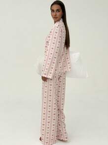 Aloruh 粉色条纹印花衬衫和裤子套装，适合居家和户外穿着 - 粉色 - 查看 5