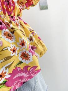 Soleia Plus Size Women Puff Sleeve Top, Vacation Bowknot Hollow Tropical Floral Print, Spring & Summer - Multicolor - View 6