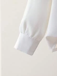 Jong meisje' Elegante frisse ivoorkleurige kanten rand contrasterende kleur strikkraag lange mouwen overhemd met knopen, college stijl, geschikt voor dagelijks casual, school, reizen, vakantie, lente/herfst