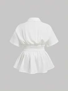 SHEIN MOD Plus Size White Waist Pleat Detail Casual Formal Shirt, Women Plus SizeTurn-Down Collar Long Sleeve Ruched Ruffle Hem White Blouse,Button Up Women Shirt,Long Sleeve Women Shirts,White Button Up Shirt, Festival Shirt,Professional Clothes,Business Casual Women,Office Appropriate