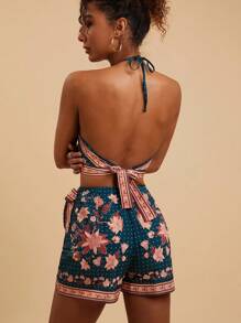 Travachic 女式花卉和波尔卡圆点印花短款露背上衣和短裤两件套，时尚度假装 - 黑色 - 查看 2