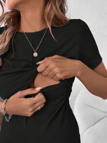 SHEIN Maternity Casual Crew Neck Slim Fit Maternity Nursing T-Shirt, Short Sleeve Black