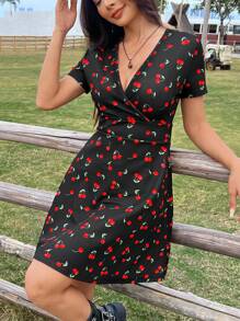 SHEIN EZwear Summer Holiday Cherry Print V-Neck A-Line Short Dress