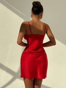 Aloruh Vestido corto sin mangas con escote en V profundo en unicolor para mujer - Rojo - Ver 3