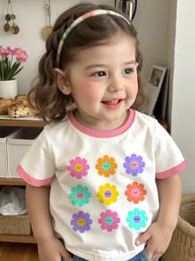 SHEIN Cute Cartoon Floral Print, Baby Girl Casual Simple Crew Neck Short Sleeve Top, Suitable For Summer - White - View 1