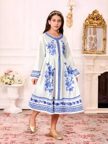 SHEIN 2pcs Sister Matching Outfits:White And Blue Floral,Autumn,Modest,Tea Party - White - View 4