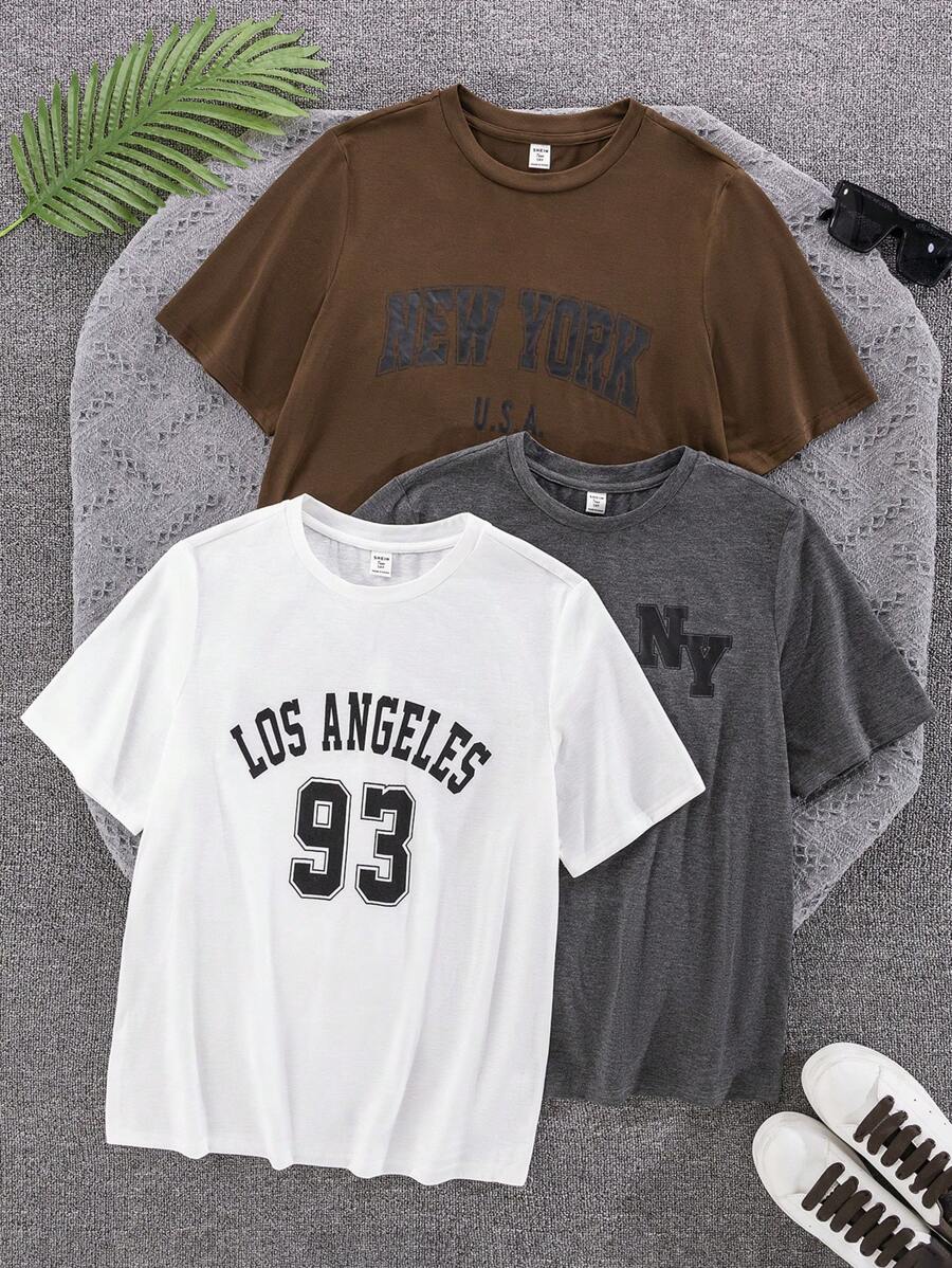 SHEIN 3pcs/Set Teen Boy Casual Short Sleeve T-Shirt, Street Punk Rock School Style For Outings, Parties, Music Festivals, Suitable For Spring/Summer, Dark Grey, White, Coffee - Multicolor - View 1