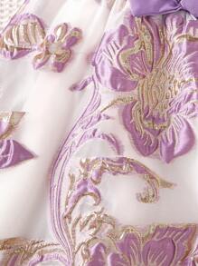 SHEIN Tween Girl Casual Elegant Solid Bow Shoulder Top And Floral Jacquard Mini Skirt 2 Pieces Set - Purple - View 4