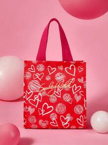 SmileyWorld® | SHEIN Red Smiling Face & Heart Print Lunch Bag, Large Capacity - Red - View 1