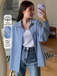 DAZY 女士纯蓝色休闲衬衫，商务休闲 - 藍色 - 查看 1