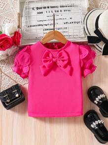 Young Girl Solid Color Bow Decor Patch Short Sleeve Stylish Shirt - Pink - View 1