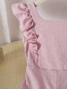 Young Girl Bowknot Design Ruffle Trim Jumpsuit With Small Flutter Sleeves - Pink - View 7