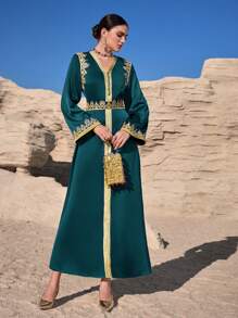 Al Najma Women's Elegant Ribbon Trim Arabian Dress,Modest - Dark Green - View 4