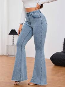 SHEIN Tall Solid Color Pocket Zipper Button Wide-Leg Jeans, Suitable For Daily Wear - Medium Wash - View 5
