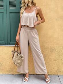 Chiquease Elegant Ruffled Camisole + Elasticated Waist Straight Pants 2 Pieces Set, Textured, Spring/Summer - Khaki - View 3