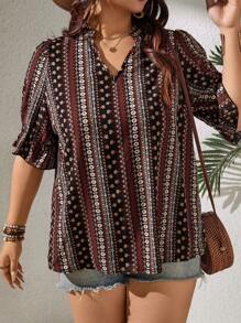 EMERY ROSE 大码女式复古印花 V 领短袖宽松度假衬衫