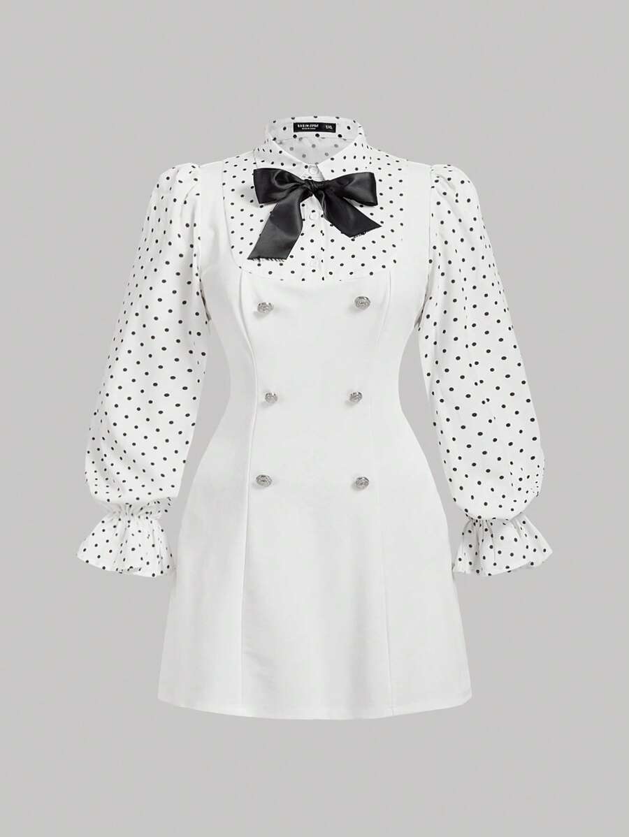 SHEIN MOD 大码蝴蝶结前荷叶边袖二合一连衣裙