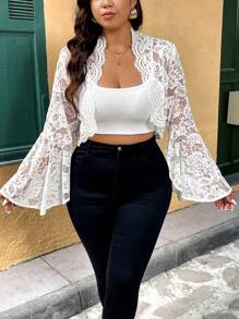 SHEIN Belle Chaqueta corta blanca de encaje tejido elegante para mujer de talla grande